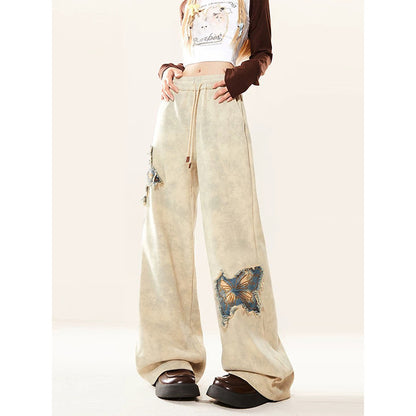 Butterfly Raw Embroidery Wide Leg Trousers