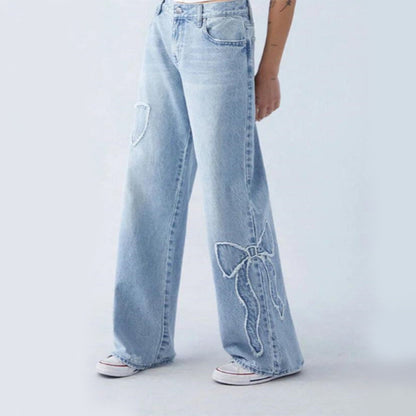 Embroidered Side Frayed Butterfly Jeans