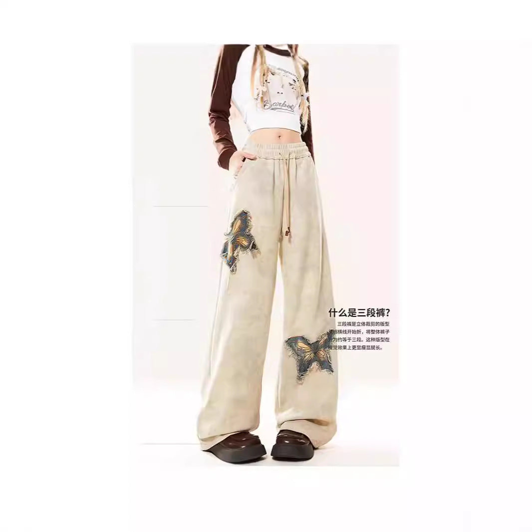 Butterfly Raw Embroidery Wide Leg Trousers