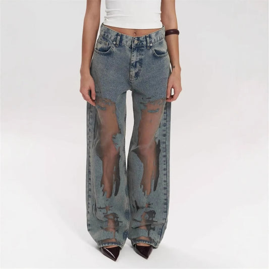 Retro Straight-leg Pants Hollow Texture Gradient Jeans